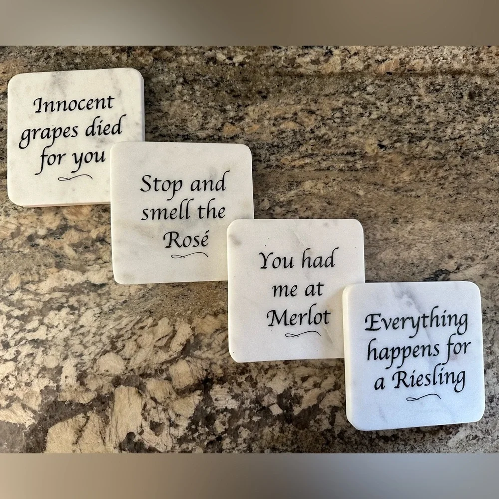 SOLID MARBEL COASTERS WINE lovers theme fun sayings nature stone set of 4 boxed